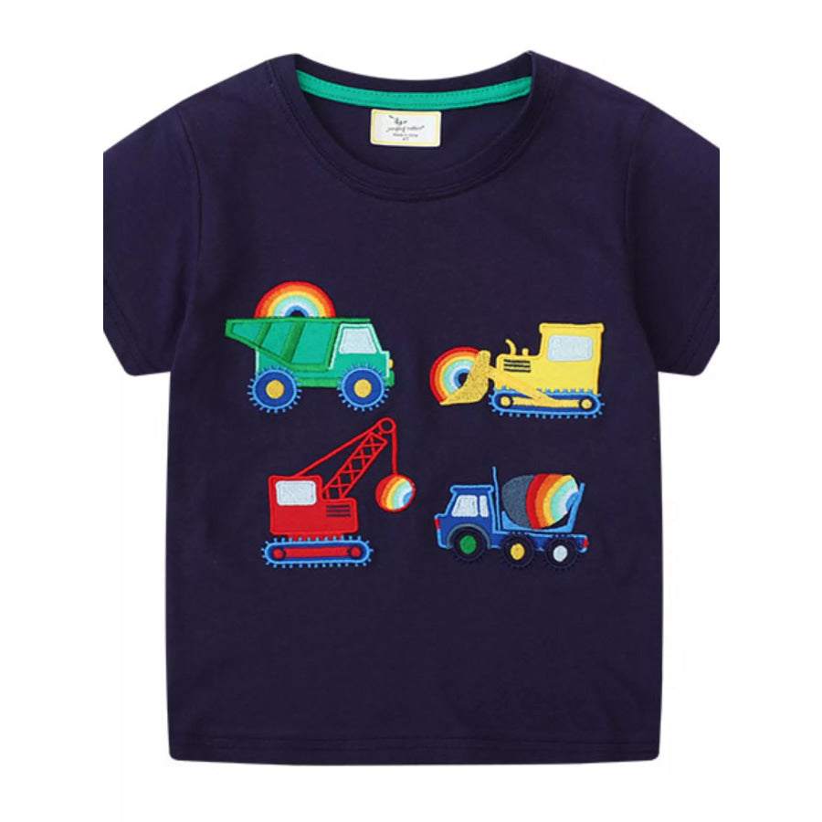 Children’s Construction Vehicle Embroidered T-Shirt Black / 2T Apparel and Accessories