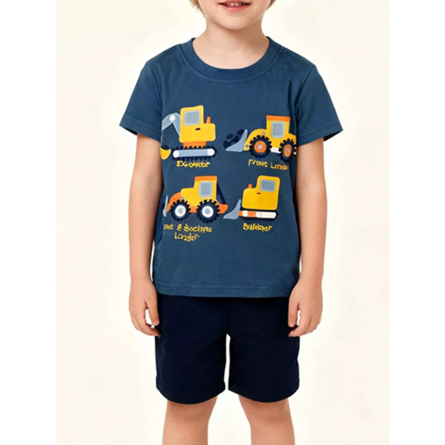 Children’s Construction Vehicle Graphic Short Sleeve T-Shirt Navy Blue / 2T Apparel and Accessories