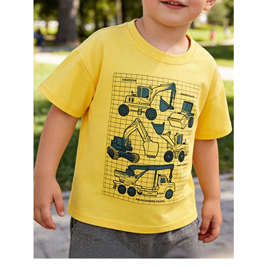 Children’s Construction Vehicle Graphic Short Sleeve T-Shirt Yellow / 2-3Y Apparel and Accessories