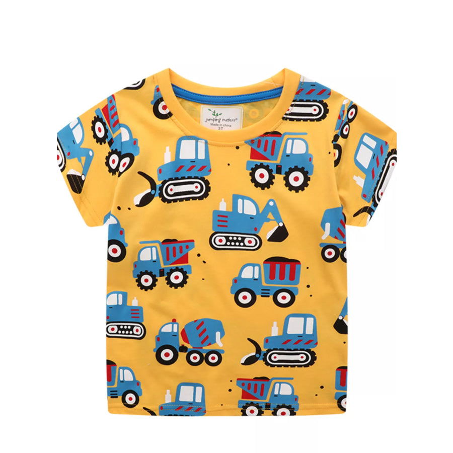 Children’s Construction Vehicle Print Crew Neck Short Sleeve T-Shirt Gold / 2T Apparel and Accessories