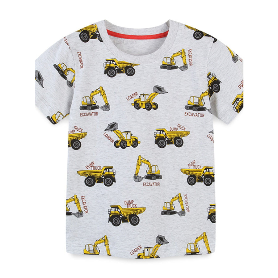 Children’s Construction Vehicle Print Crew Neck Short Sleeve T-Shirt Gray / 2Y Apparel and Accessories