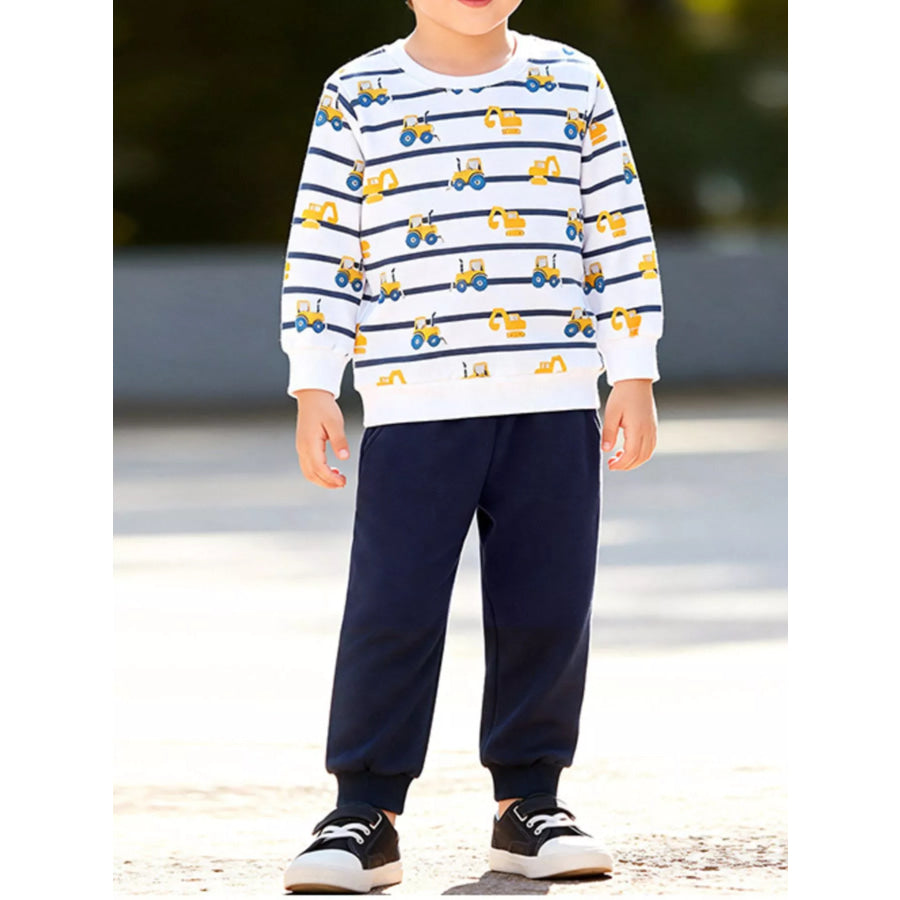 Children’s Construction Vehicle Print Long Sleeve Sweatshirt and Pants Set White / 2Y Apparel and Accessories