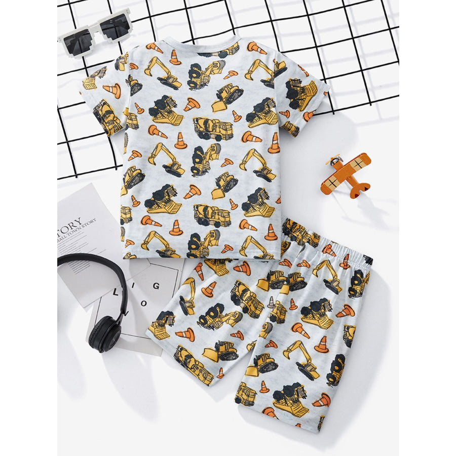 Children’s Construction Vehicle Print Round Neck Tee and Shorts Set Apparel and Accessories