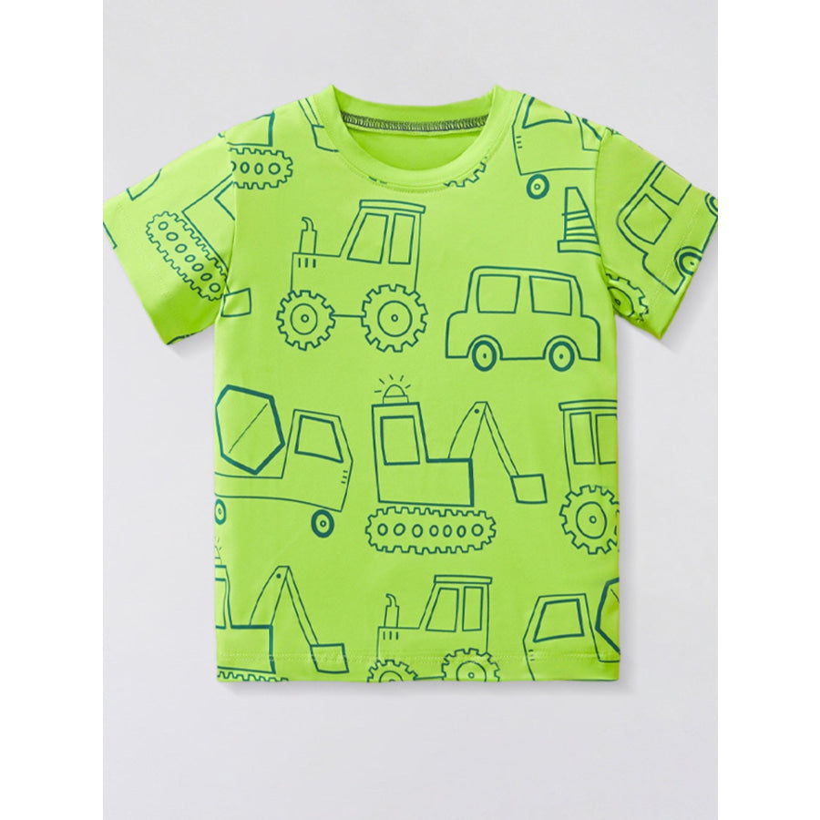 Children’s Construction Vehicle Print Short Sleeve T-Shirt Neon Green / 3Y Apparel and Accessories