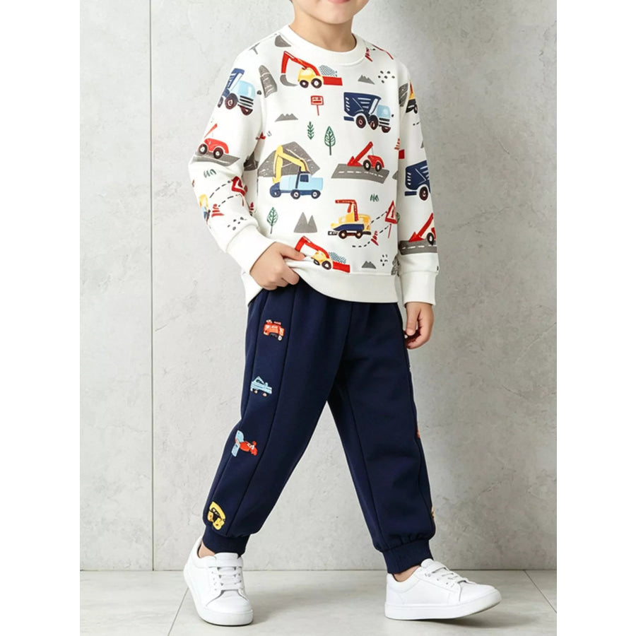 Children’s Construction Vehicle Print Sweatshirt and Jogger Set White / 2Y Apparel Accessories