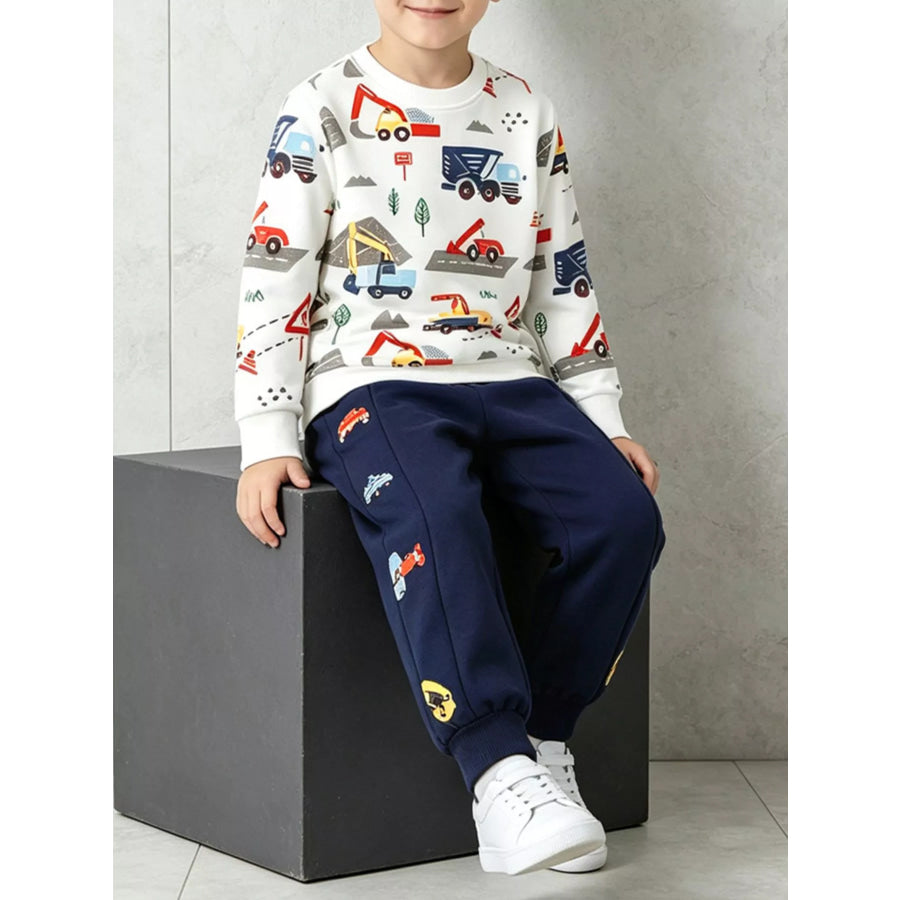 Children’s Construction Vehicle Print Sweatshirt and Jogger Set White / 2Y Apparel Accessories