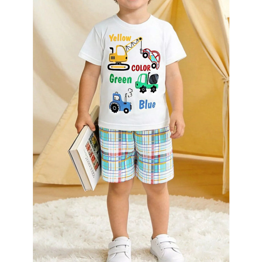 Children’s Construction Vehicle Print Tee and Shorts Set White / 2Y Apparel and Accessories