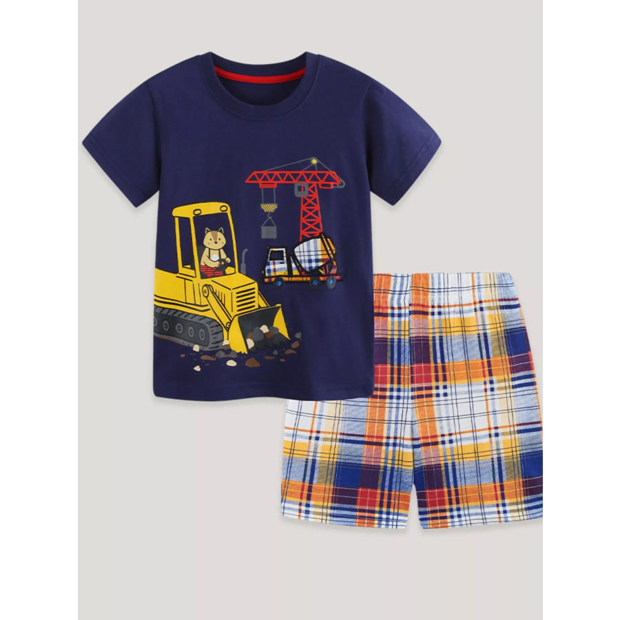 Children’s Construction Vehicle Print Tee & Plaid Shorts Set Apparel and Accessories