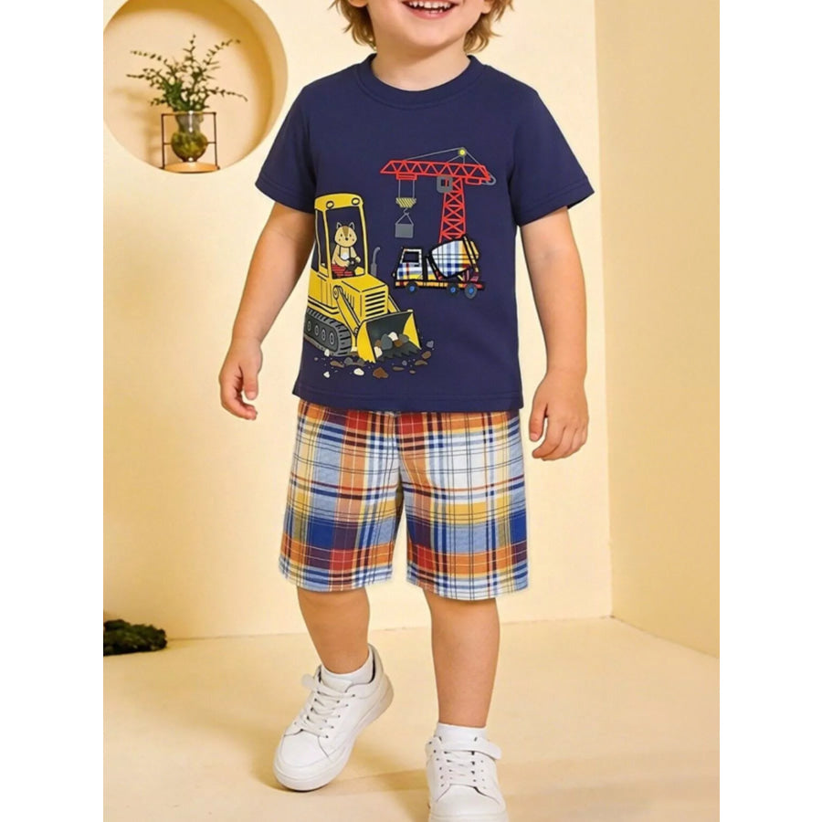 Children’s Construction Vehicle Print Tee & Plaid Shorts Set Dark Navy / 2Y Apparel and Accessories