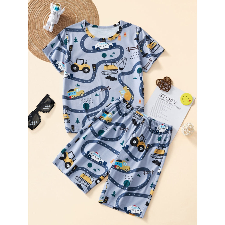 Children’s Construction Vehicle Print Top and Shorts Set Dusty Blue / 3Y Apparel and Accessories