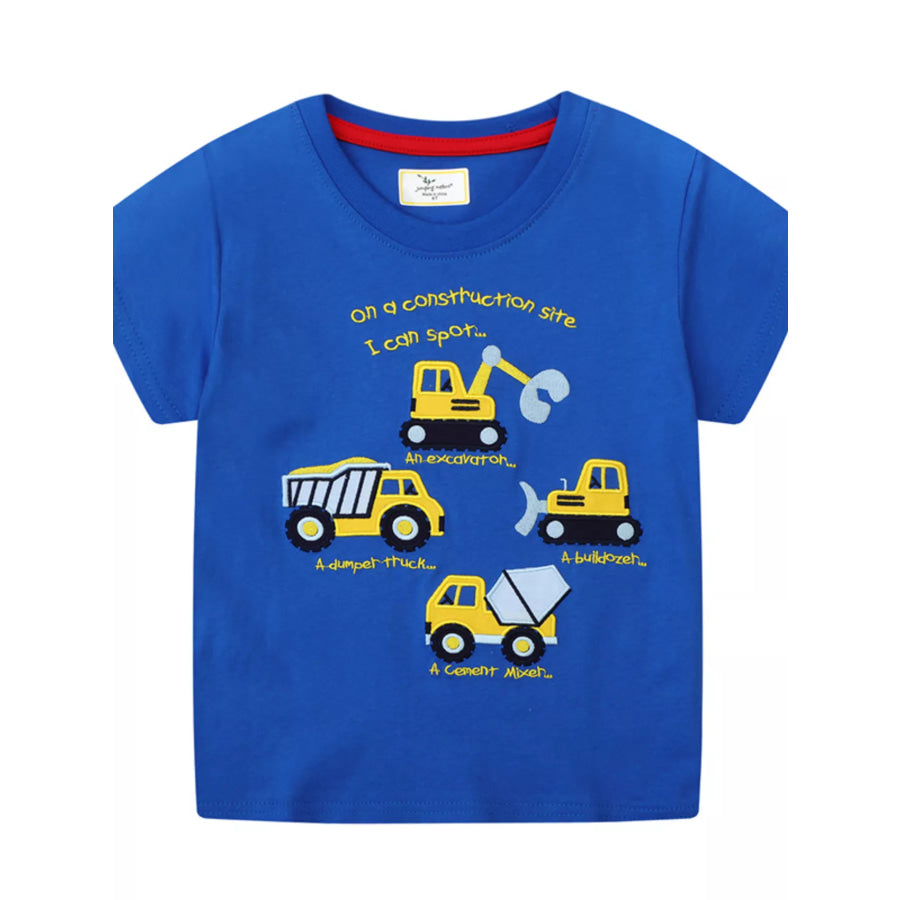 Children’s Construction Vehicles Crew Neck T-Shirt Blue / 2T Apparel and Accessories