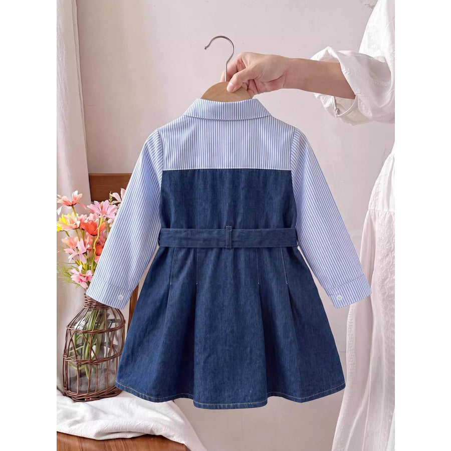 Children’s Contrast Striped Denim Patchwork Dress with Belt Apparel and Accessories