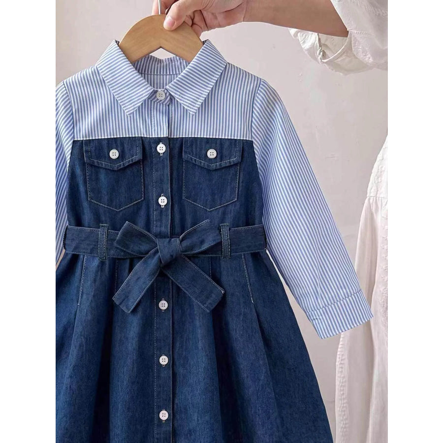 Children’s Contrast Striped Denim Patchwork Dress with Belt Blue / 4Y Apparel and Accessories
