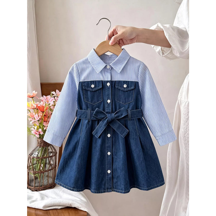 Children’s Contrast Striped Denim Patchwork Dress with Belt Blue / 4Y Apparel and Accessories