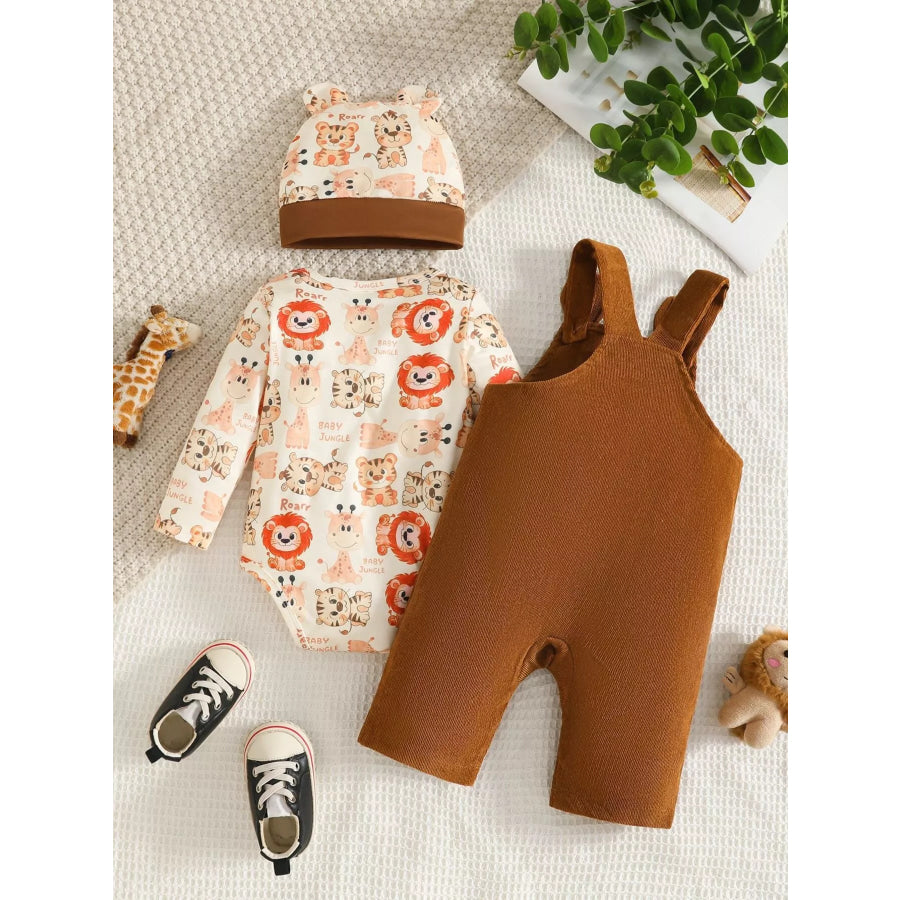 Children’s Corduroy Overall and Animal Print Long Sleeve Top Set with Hat Apparel Accessories