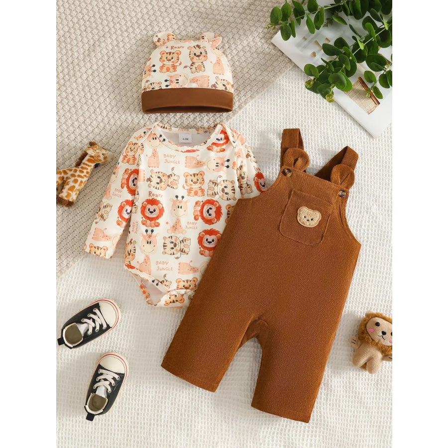 Children’s Corduroy Overall and Animal Print Long Sleeve Top Set with Hat Apparel Accessories