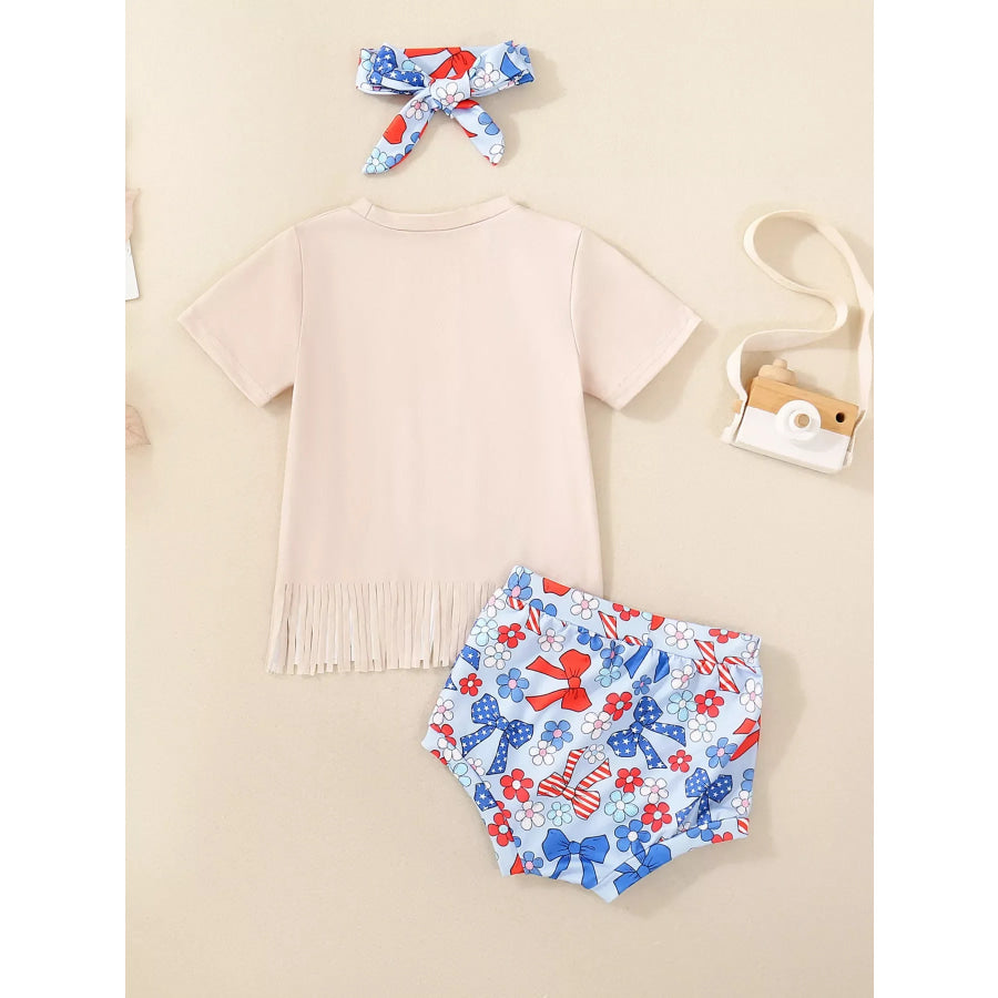 Children’s Cow Floral Graphic Fringe Tee and Shorts Set with Headband Apparel and Accessories