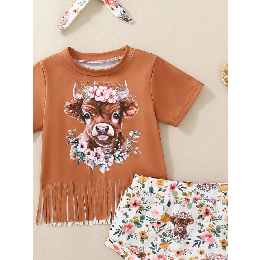 Children’s Cow Floral Graphic Fringe Tee and Shorts Set with Headband Apparel and Accessories