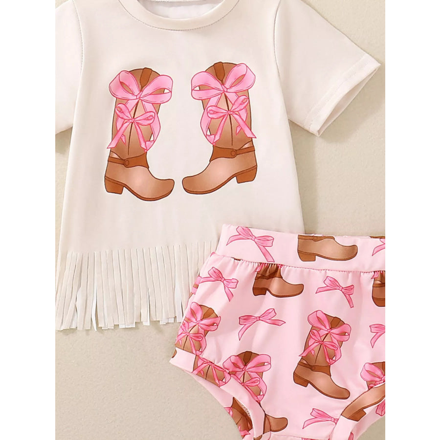 Children’s Cow Floral Graphic Fringe Tee and Shorts Set with Headband Apparel and Accessories