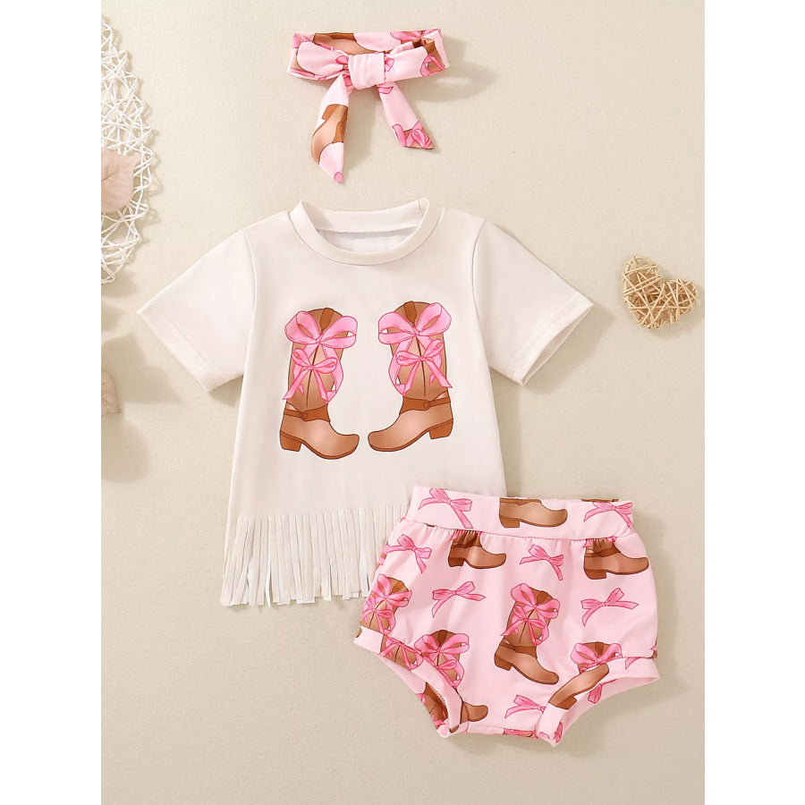 Children’s Cow Floral Graphic Fringe Tee and Shorts Set with Headband Apricot / 0-6M Apparel and Accessories