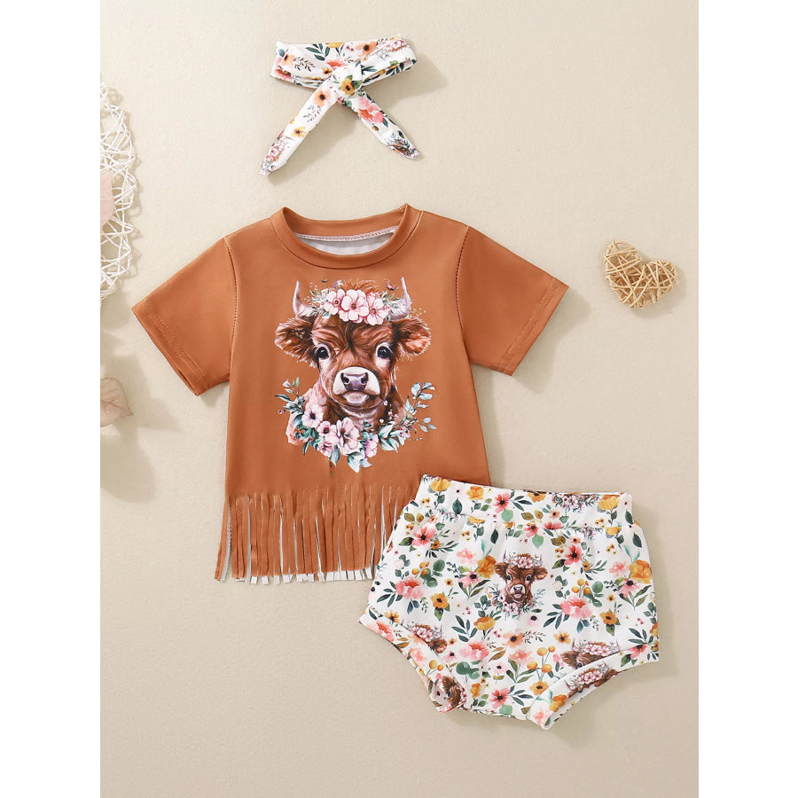Children’s Cow Floral Graphic Fringe Tee and Shorts Set with Headband Brown / 0-6M Apparel and Accessories