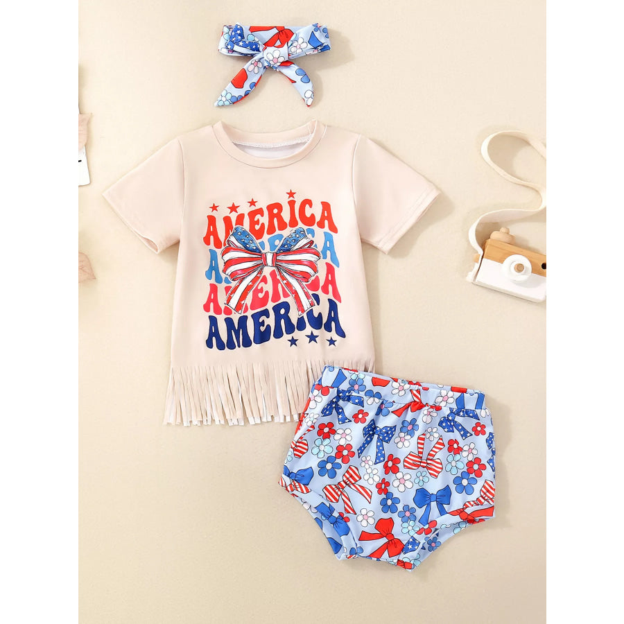 Children’s Cow Floral Graphic Fringe Tee and Shorts Set with Headband Khaki / 0-6M Apparel and Accessories