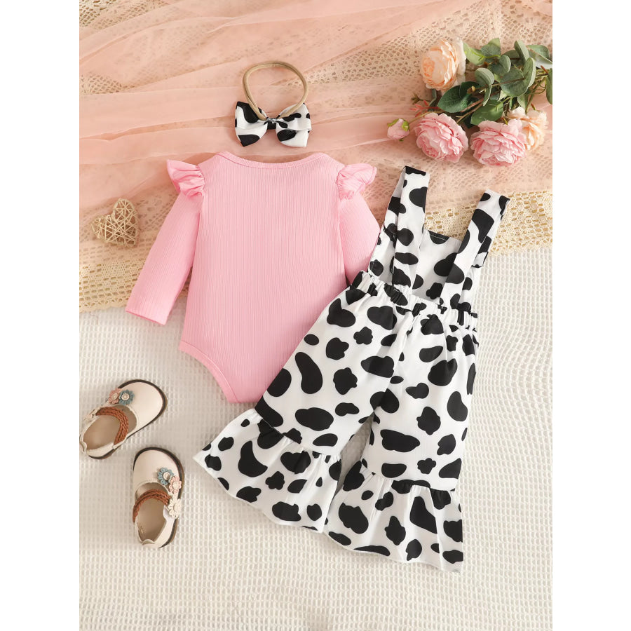 Children’s Cow Print Ruffle Jumpsuit and Bodysuit Set with Headband Apparel Accessories