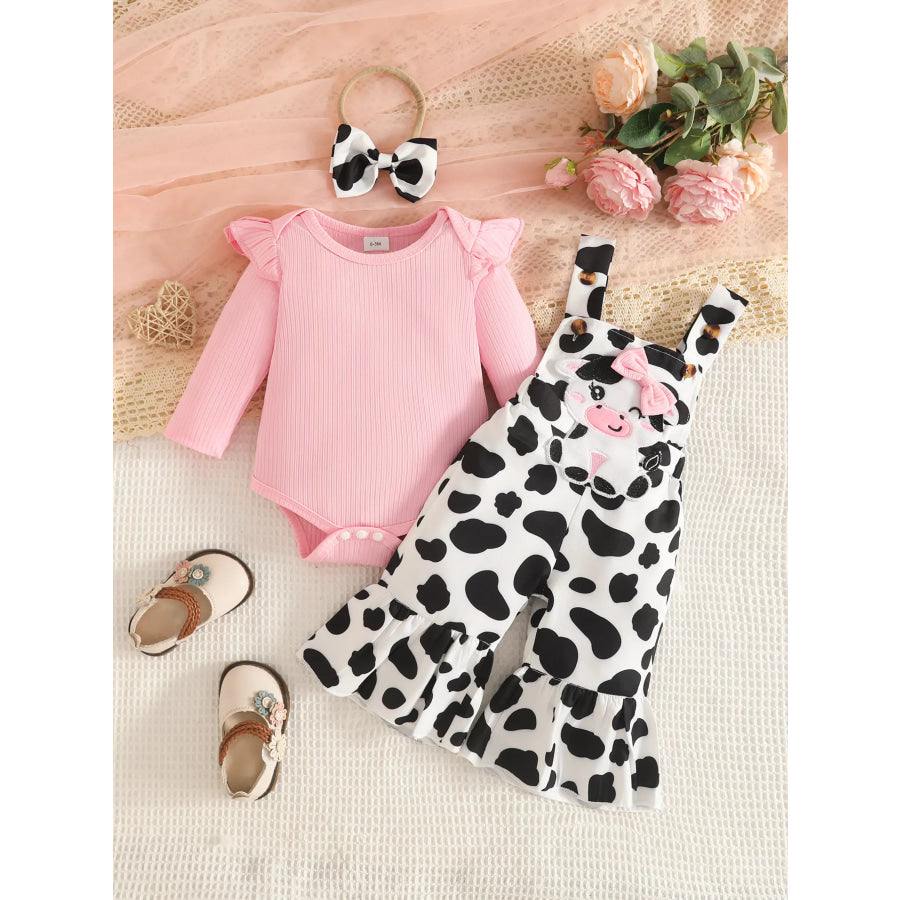 Children’s Cow Print Ruffle Jumpsuit and Bodysuit Set with Headband Pink / 0-3M Apparel Accessories