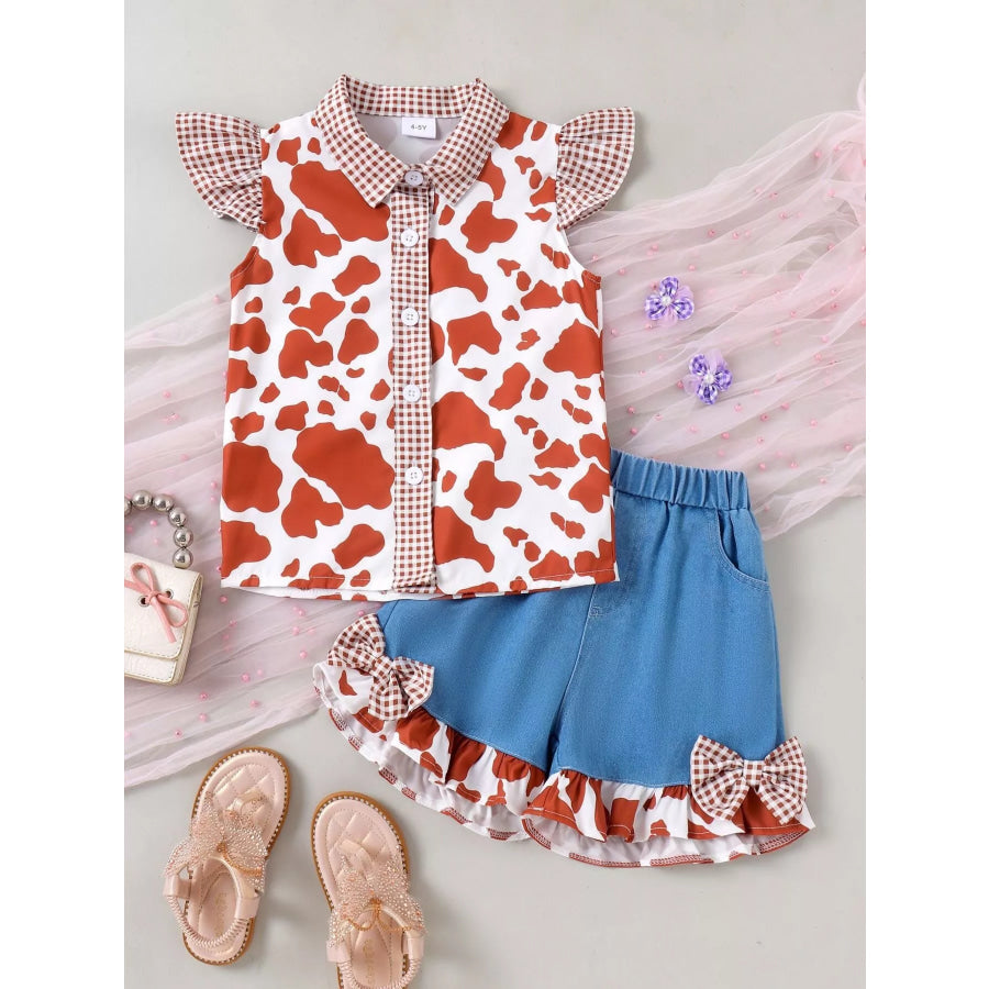 Children’s Cow Print Ruffle Sleeve Top and Shorts Set Black / 18-24M Apparel and Accessories