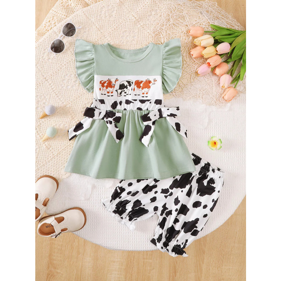 Children’s Cow Print Ruffle Sleeve Top and Shorts Set Green / 3-6M Apparel and Accessories