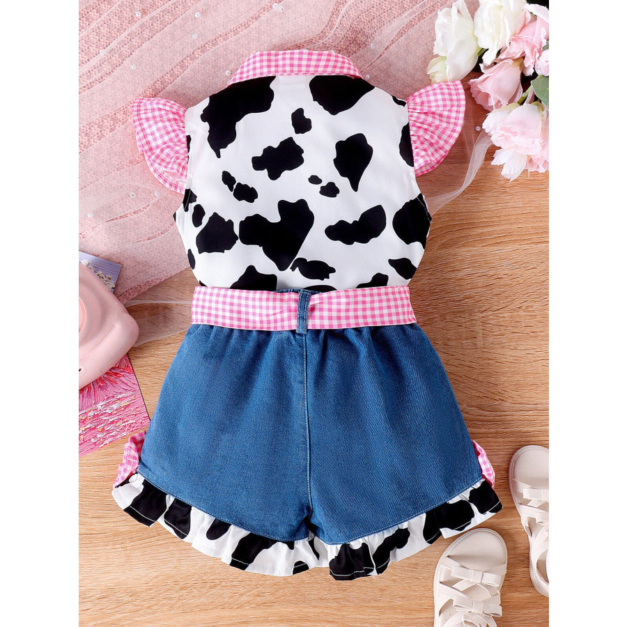 Children’s Cow Print Ruffle Trim Top and Denim Shorts Set Apparel and Accessories