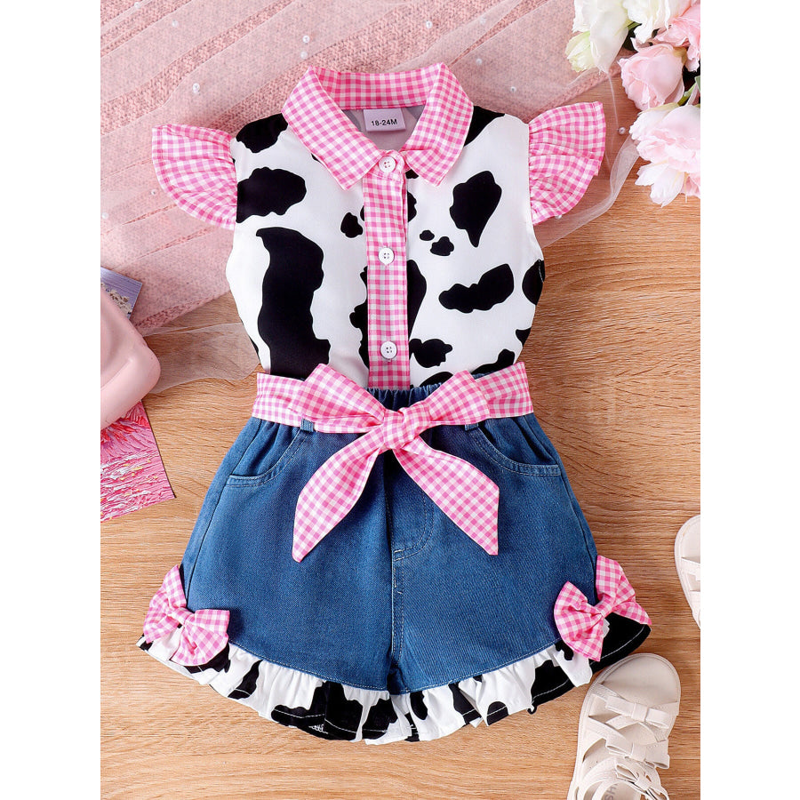 Children’s Cow Print Ruffle Trim Top and Denim Shorts Set Pink / 2-3T Apparel and Accessories