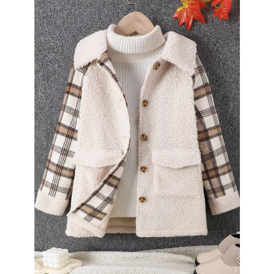 Children’s Cozy Plaid Sleeve Fleece Jacket Apricot / 8Y Apparel and Accessories