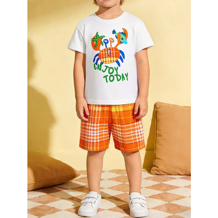 Children’s Crab Graphic Tee & Plaid Shorts Set Tangerine / 2Y Apparel and Accessories