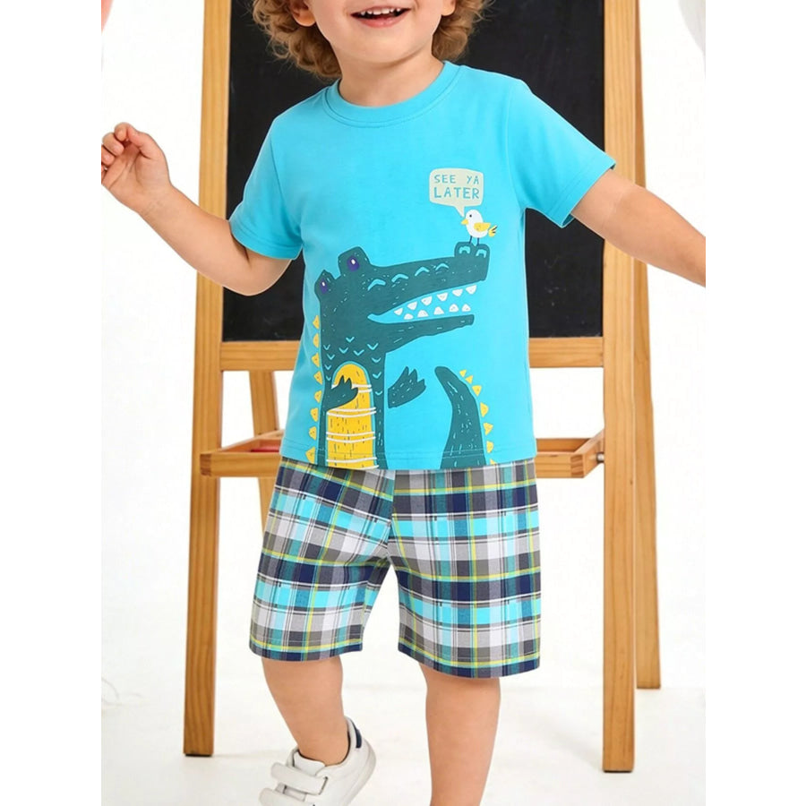 Children’s Crocodile Graphic Tee and Plaid Shorts Set Pastel Blue / 2Y Apparel and Accessories