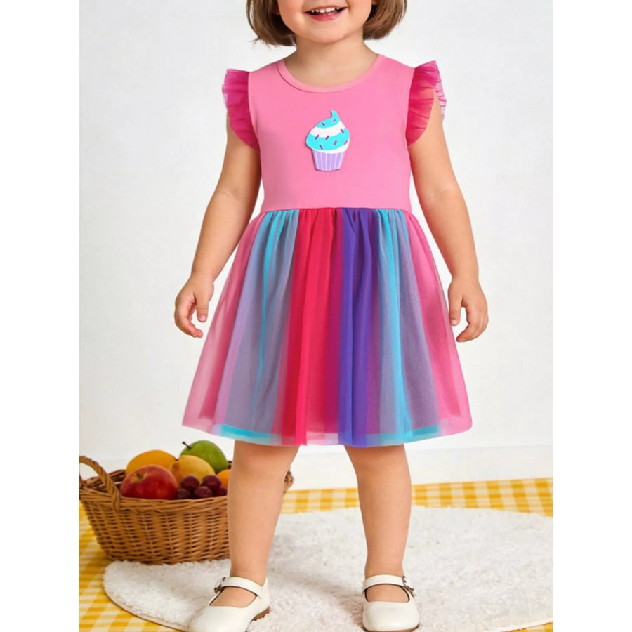 Children’s Cupcake Graphic Rainbow Tulle Dress Fuchsia Pink / 2Y Apparel and Accessories