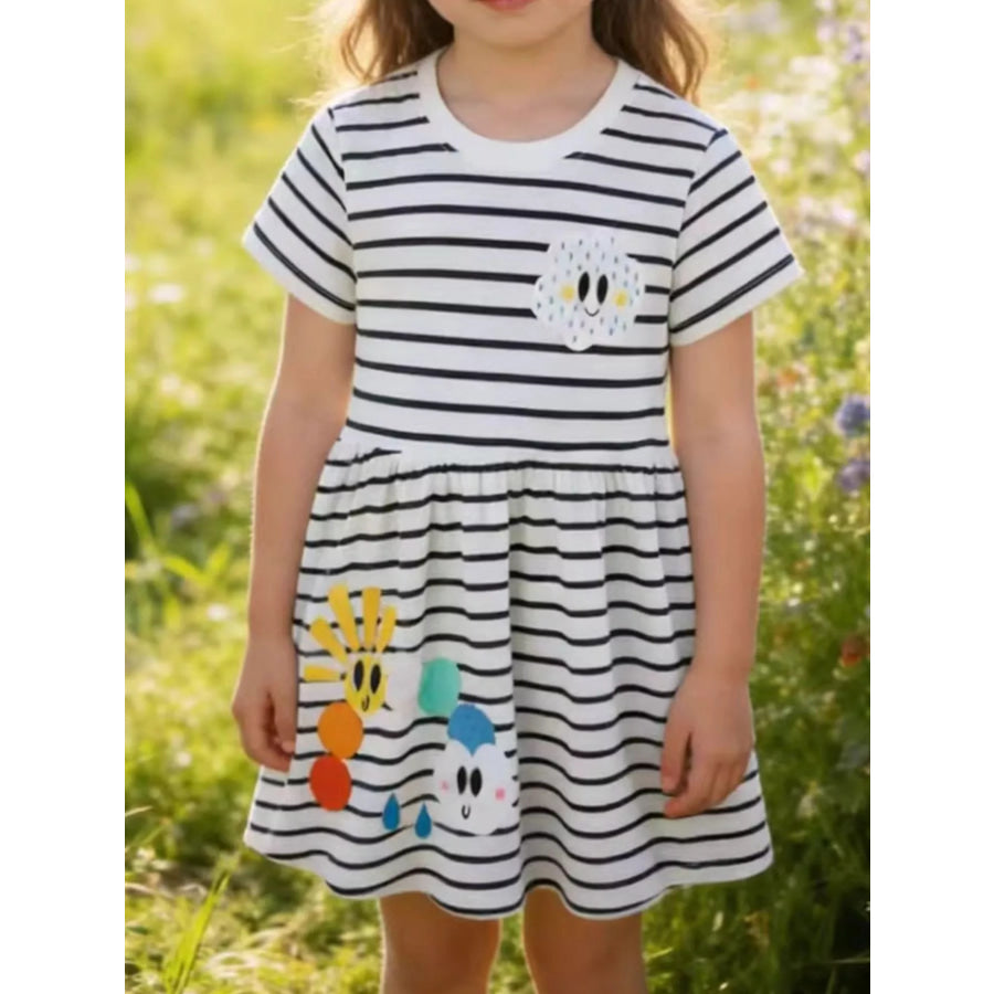 Children’s Cute Appliques Striped Round Neck Dress White / 2T Apparel and Accessories