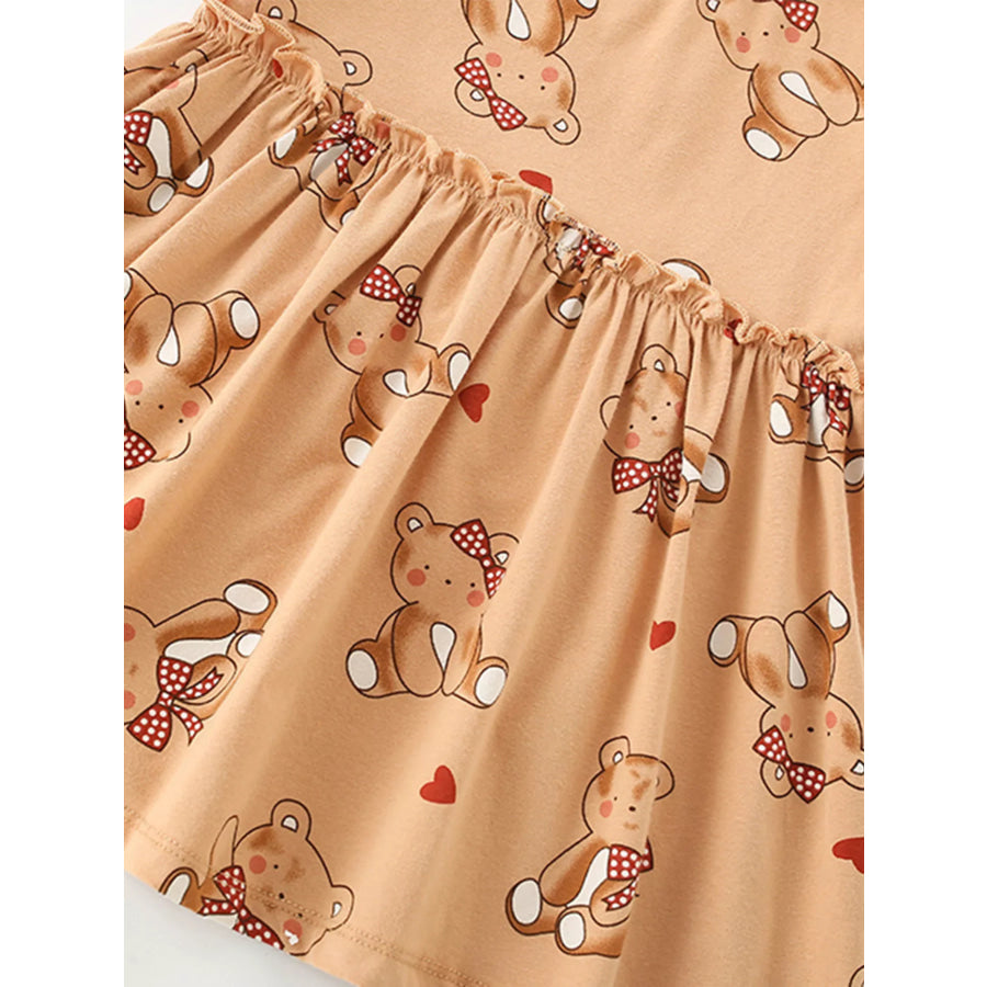Children’s Cute Bear Print Ruffle Hem Casual Dress Apparel and Accessories