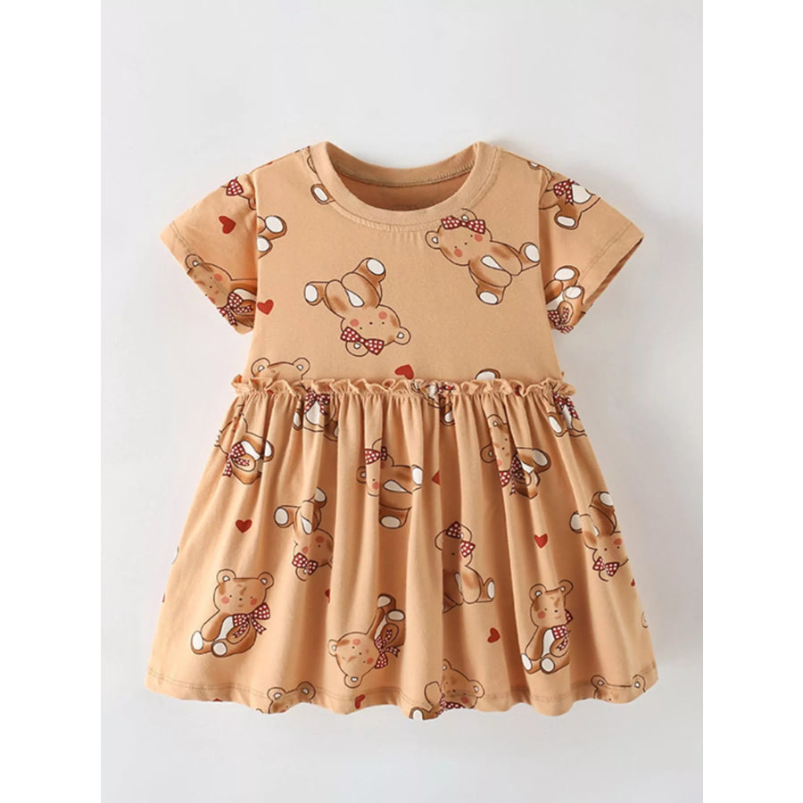 Children’s Cute Bear Print Ruffle Hem Casual Dress Caramel / 3Y Apparel and Accessories
