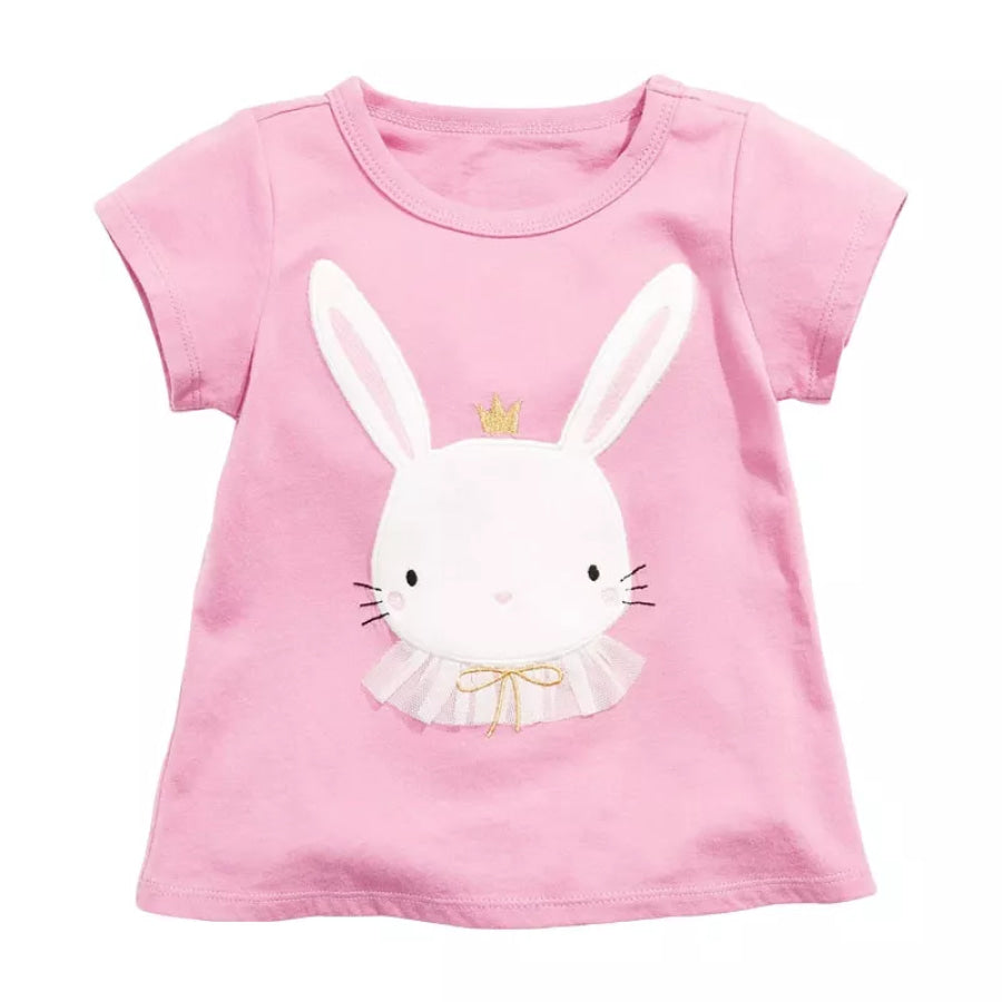 Children’s Cute Bunny Applique Round Neck T-Shirt Blush Pink / 2Y Apparel and Accessories
