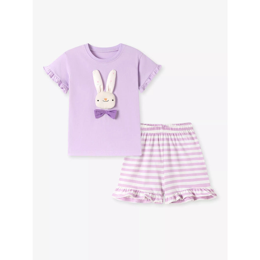 Children’s Cute Bunny Applique Ruffle Trim Set Pink Purple / 2Y Apparel and Accessories
