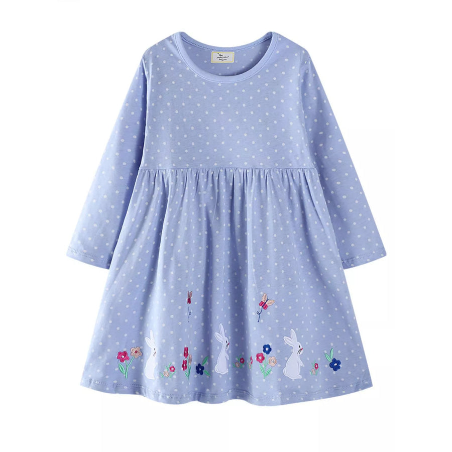 Children’s Cute Bunny Embroidered Polka Dot Dress Light Blue / 2T Apparel and Accessories