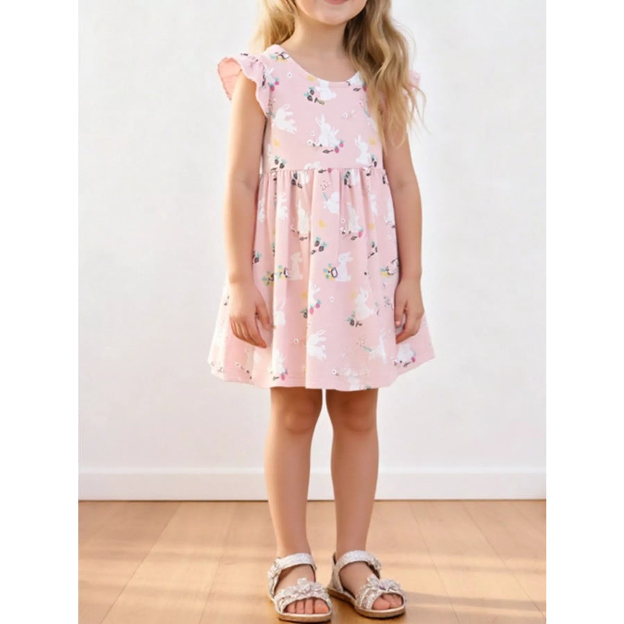 Children’s Cute Bunny Print Flutter Sleeve Dress Apricot / 3Y Apparel and Accessories