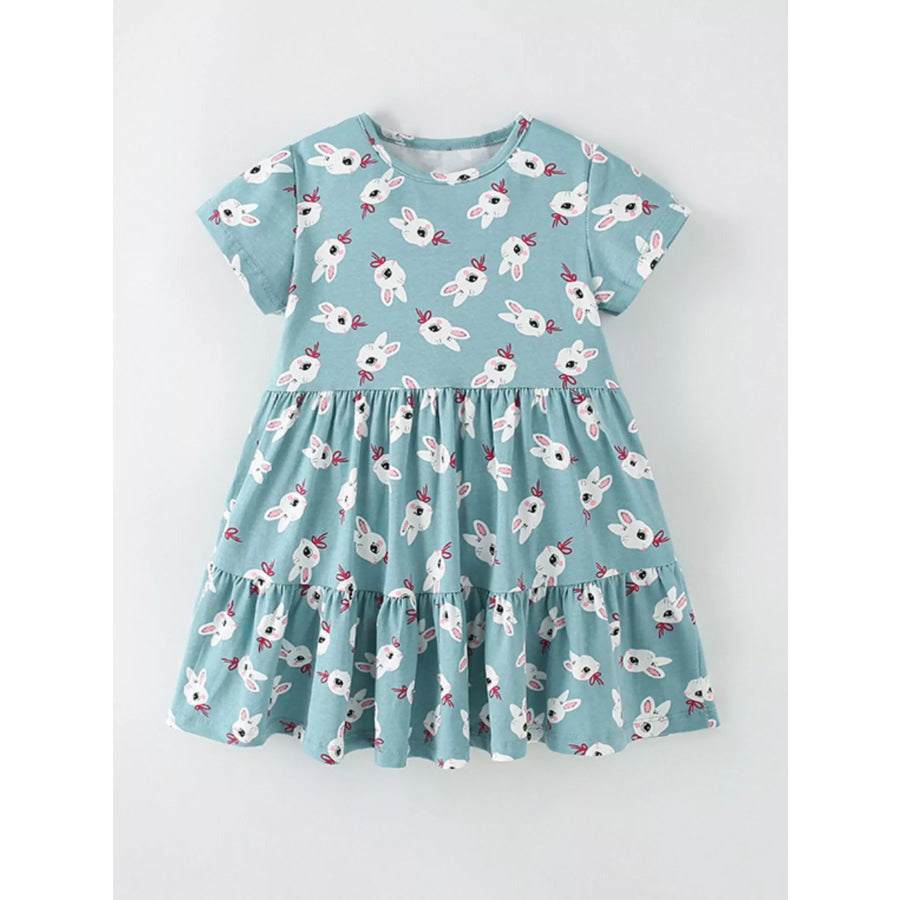 Children’s Cute Bunny Print Tiered Ruffle Dress Turquoise / 6Y Apparel and Accessories