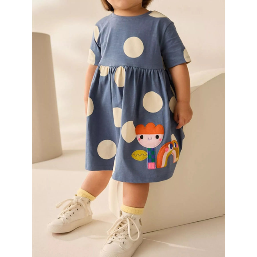 Children’s Cute Cartoon Applique Polka Dot Dress Dusty Blue / 3Y Apparel and Accessories