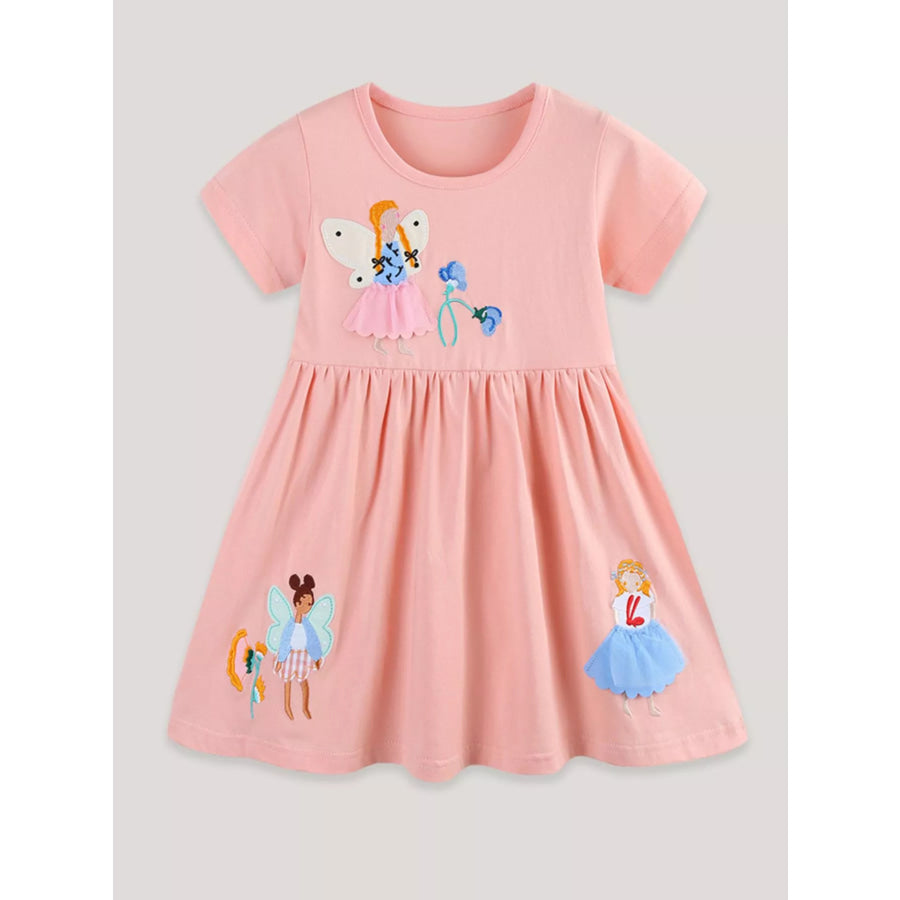 Children’s Cute Cartoon Applique Short Sleeve Casual Dress Apparel and Accessories