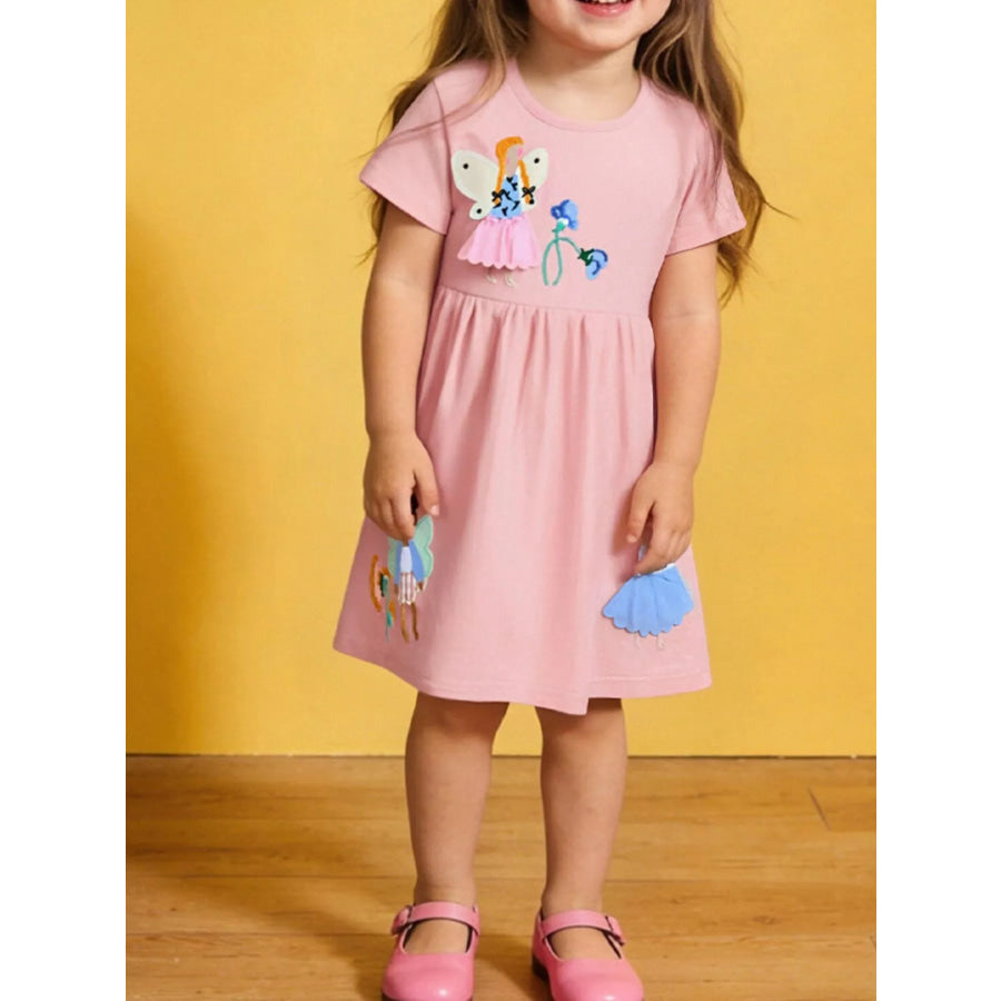Children’s Cute Cartoon Applique Short Sleeve Casual Dress Pale Blush / 2Y Apparel and Accessories