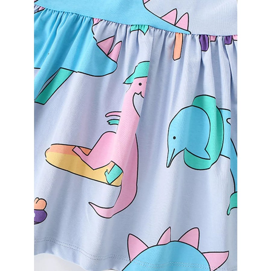 Children’s Cute Cartoon Dinosaur Print Ruffle Sleeve Dress Apparel and Accessories