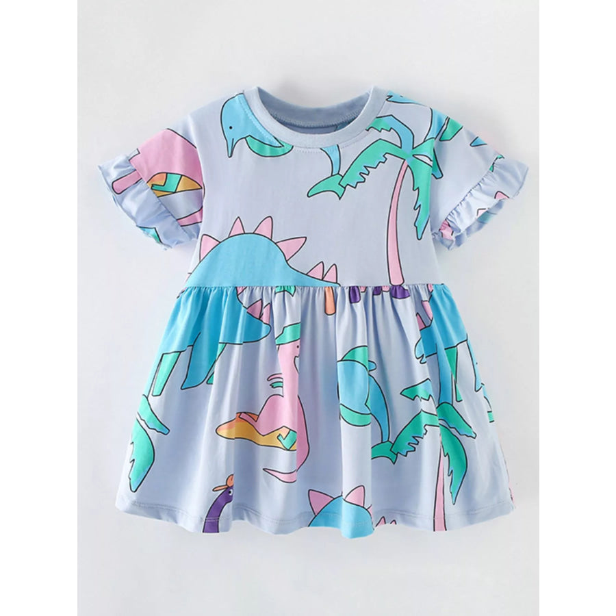 Children’s Cute Cartoon Dinosaur Print Ruffle Sleeve Dress Light Blue / 3Y Apparel and Accessories