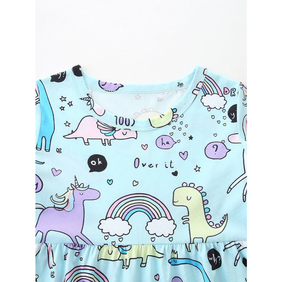Children’s Cute Cartoon Dinosaur & Unicorn Print Casual Dress Apparel and Accessories